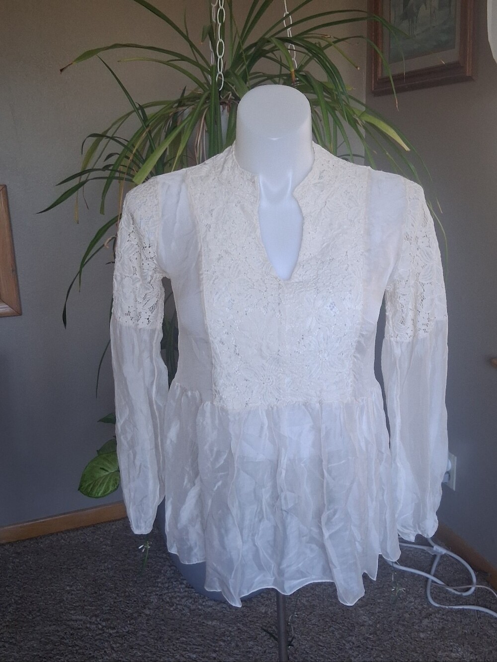 100% Silk Lace Boho Peasant Blouse Ivory Cottagecore Romantic Flowy Top Small